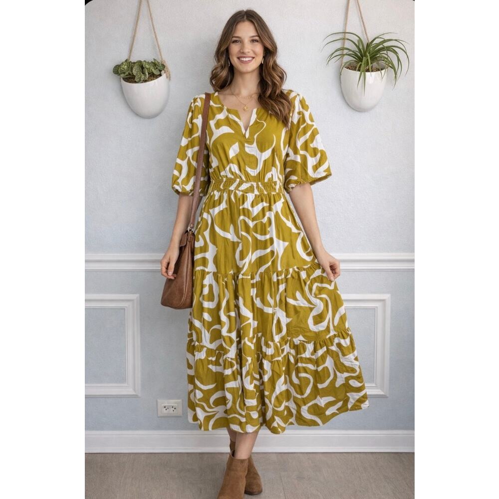 MEADOW RHODES mustard white abstract floral Cotton India tiered midi dress XL - Picture 10 of 10